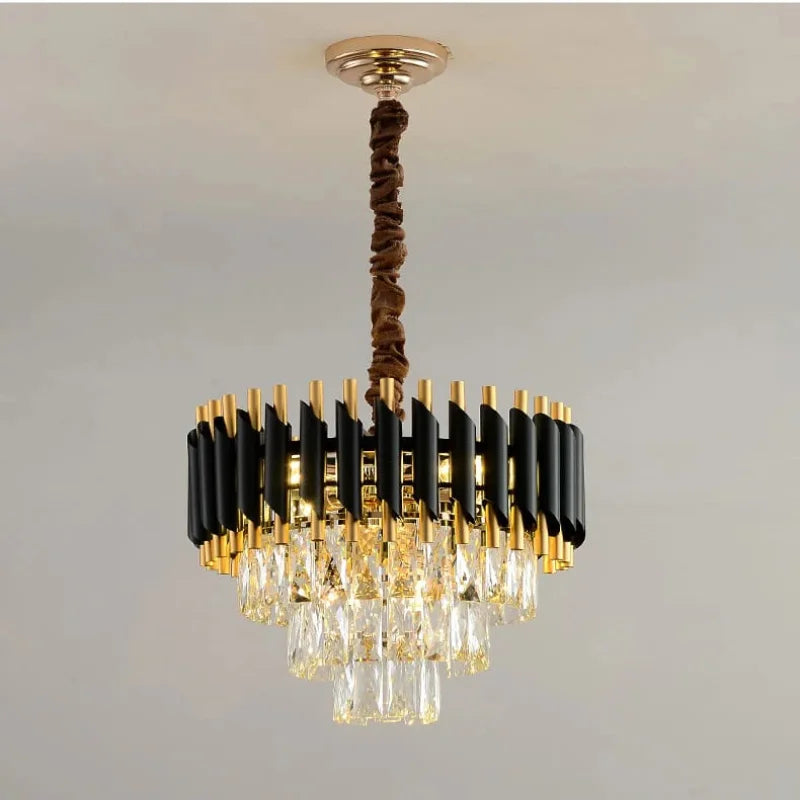 Modern-round-chandelier-with-golden-frame-and-crystal-drops